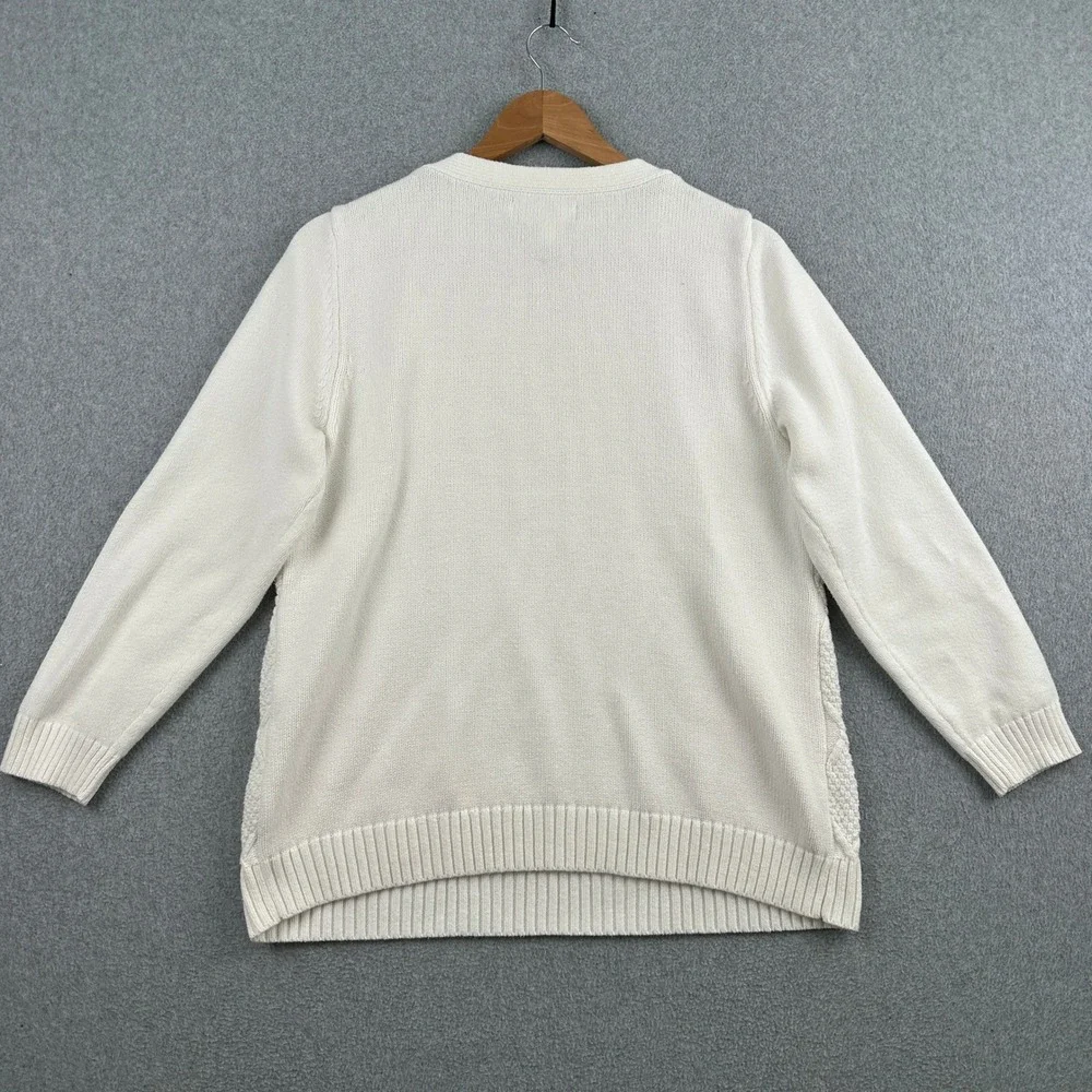 Karen Scott Sweater Womens L White Cable Knit Button Shoulder Long Sleeve